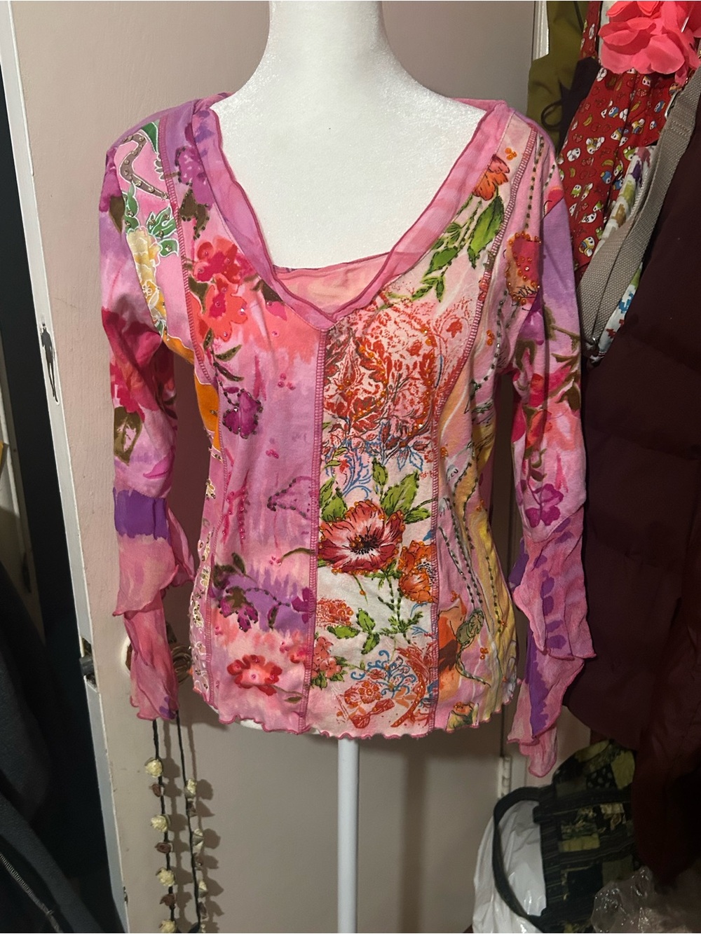 Pink Floral V-Neck Mixed-Print Blouse